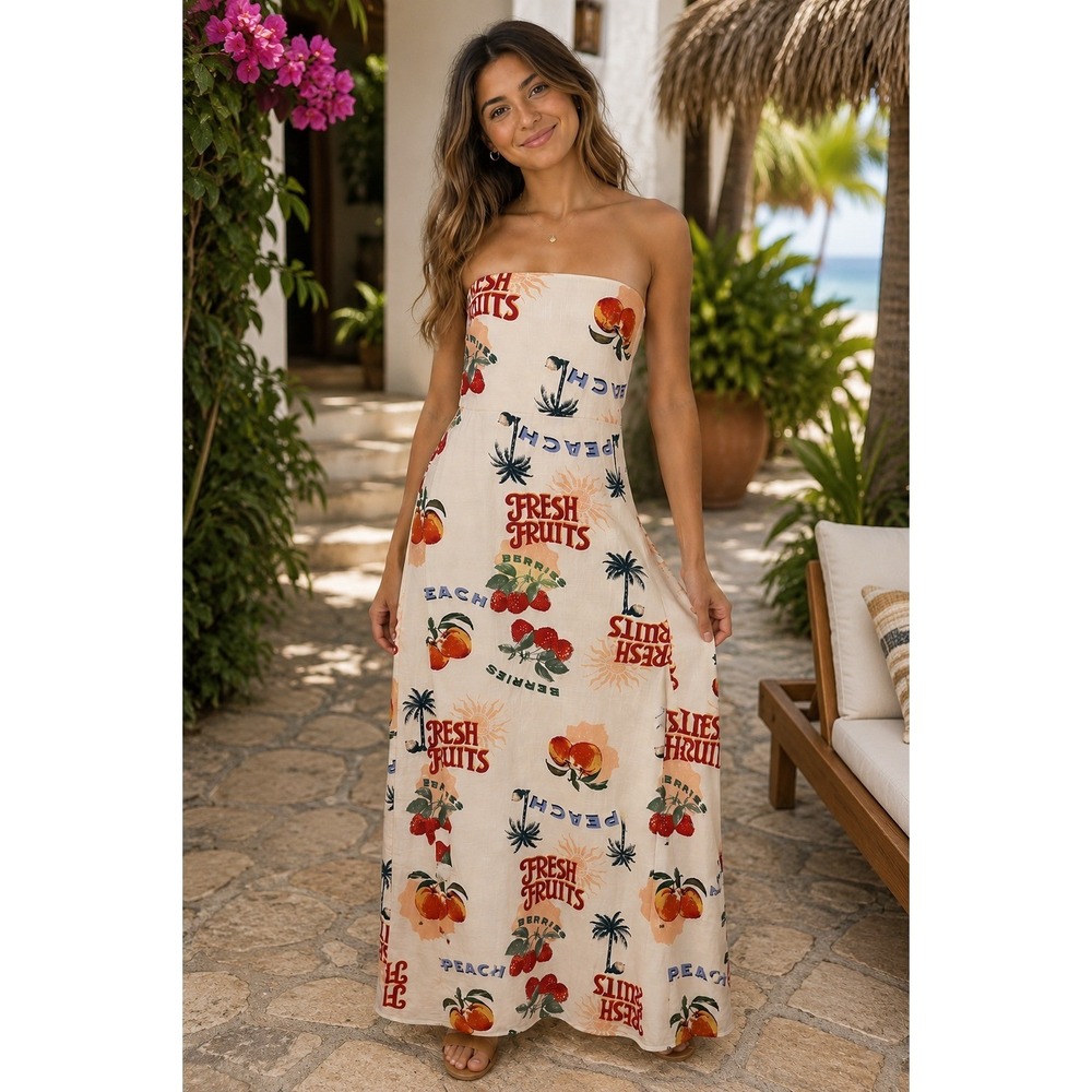 Anthropologie Paper Heart Fresh Fruits Maxi Dress Womens 4 Tropical Linen Blend‎